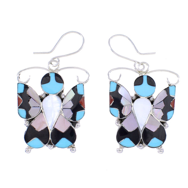 Sterling Silver Multicolor Zuni Butterfly Jewelry Hook Dangle Earrings RX98817
