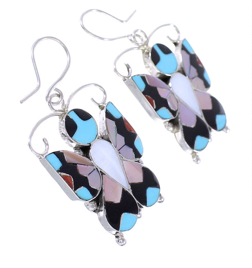 Sterling Silver Multicolor Zuni Butterfly Jewelry Hook Dangle Earrings RX98817