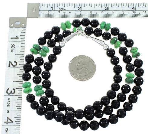 Onyx And Turquoise Authentic Sterling Silver Navajo Bead Necklace RX99882