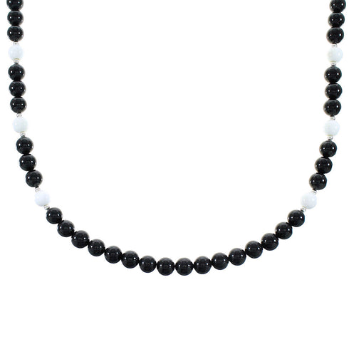 Onyx White Agate Sterling Silver American Indian Bead Necklace RX99893