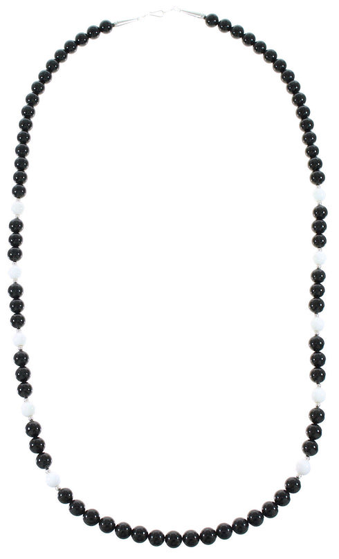 Onyx White Agate Sterling Silver American Indian Bead Necklace RX99893