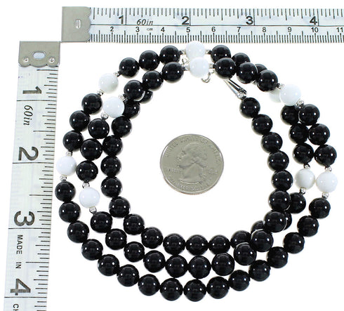 Onyx White Agate Sterling Silver American Indian Bead Necklace RX99893