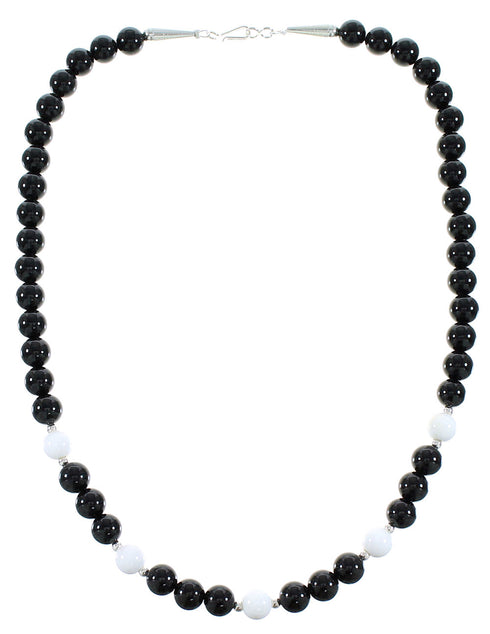 Onyx And White Agate Sterling Silver Native American Bead Necklace AX99916