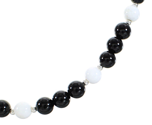Onyx And White Agate Sterling Silver Native American Bead Necklace AX99916