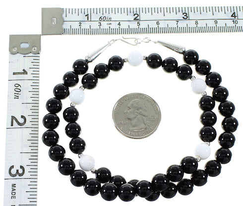 Onyx And White Agate Sterling Silver Native American Bead Necklace AX99916
