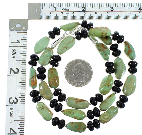 Genuine Sterling Silver Turquoise And Onyx Navajo Bead Necklace AX99938