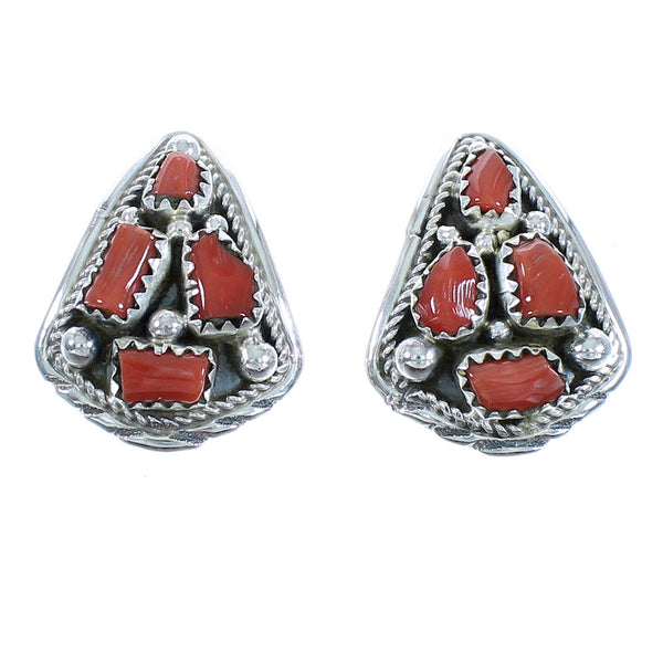 Navajo Jewelry Coral Genuine Sterling Silver Post Earrings RX102449