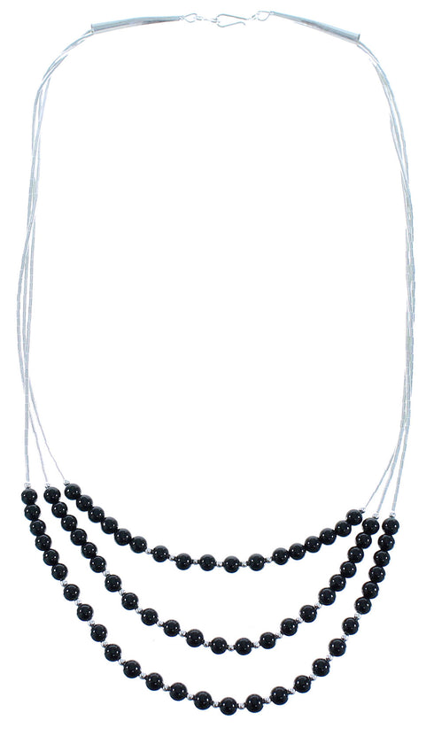 Genuine Liquid Sterling Silver 3-Strand Onyx Bead Necklace AX102593