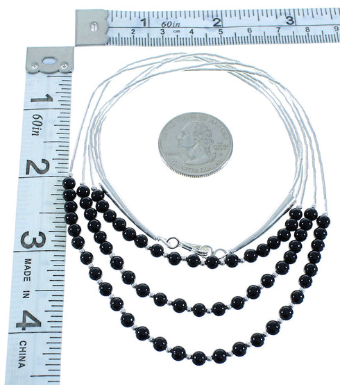 Genuine Liquid Sterling Silver 3-Strand Onyx Bead Necklace AX102593