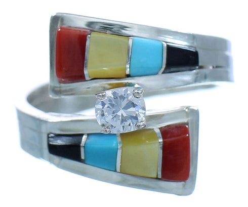 Multicolor Inlay Cubic Zirconia Zuni Sterling Silver Ring Size 5-3/4 RX111823