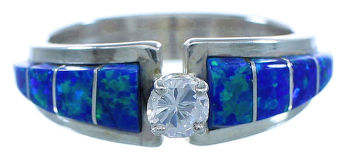 Sterling Silver Blue Opal And Cubic Zirconia Zuni Ring Size 7 RX112190