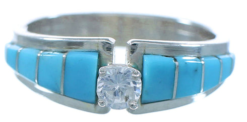 Authentic Sterling Silver Cubic Ziconia Turquoise American Indian Zuni Ring Size 7-3/4 TX103275