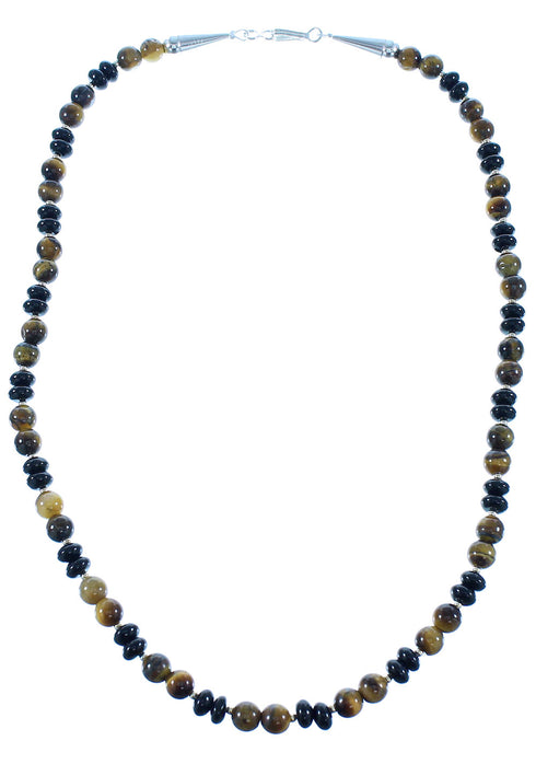 American Indian Genuine Sterling Silver Onyx And Tiger Eye Bead Necklace RX103202