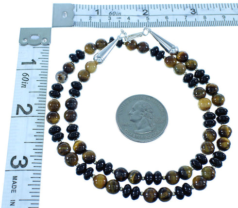 American Indian Genuine Sterling Silver Onyx And Tiger Eye Bead Necklace RX103202