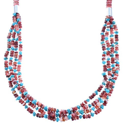 Sterling Silver 4-Strand Red Oyster Shell And Turquoise Navajo Indian Bead Necklace RX103563