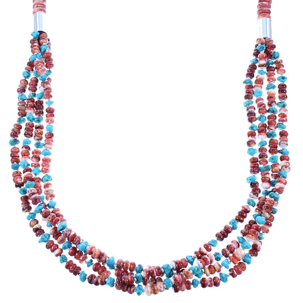 Sterling Silver 4-Strand Red Oyster Shell And Turquoise Navajo Indian Bead Necklace RX103563