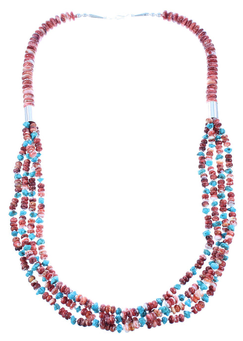 Sterling Silver 4-Strand Red Oyster Shell And Turquoise Navajo Indian Bead Necklace RX103563