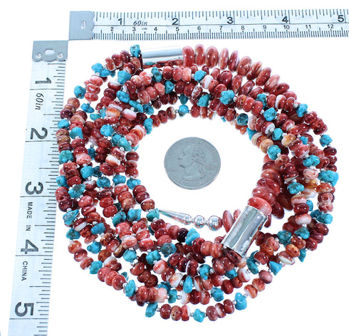 Sterling Silver 4-Strand Red Oyster Shell And Turquoise Navajo Indian Bead Necklace RX103563