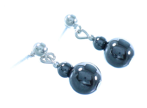 Authentic Sterling Silver And Hematite Navajo Bead Post Dangle Earrings TX103608
