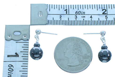 Authentic Sterling Silver And Hematite Navajo Bead Post Dangle Earrings TX103608