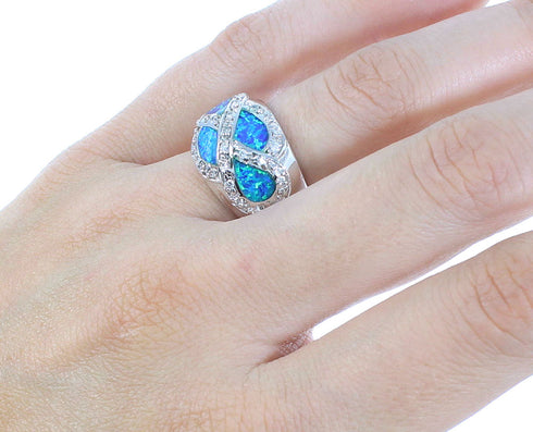 Authentic Sterling Silver Blue Opal Inlay Ring Size 7-3/4 DS51004