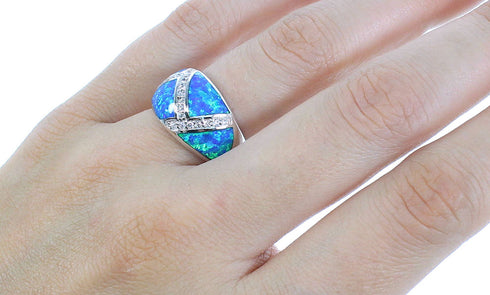 Blue Opal Inlay Sterling Silver Ring Size 7-1/4 DS49345