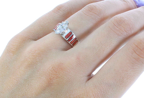 Sterling Silver Red Oyster Shell Jewelry Ring Size 5-3/4 DS45193