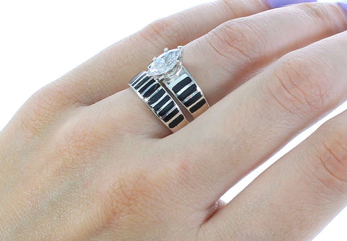 Sterling Black Jade Inlay Wedding Band Ring Set Size 4-3/4 NS55303