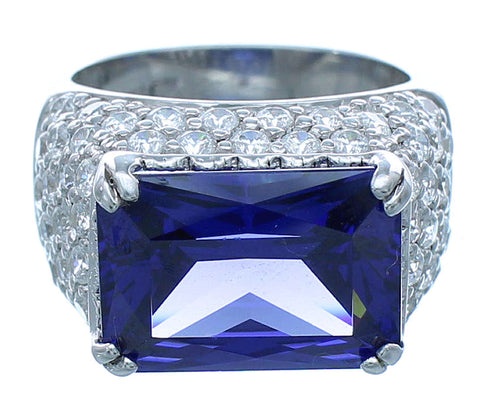 Cubic Zirconia And Tanzanite Sterling Silver Southwestern Ring Size 5 AX71373