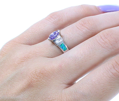 Amethyst And Blue Opal Inlay Sterling Silver Ring Size 6-3/4 DS49208