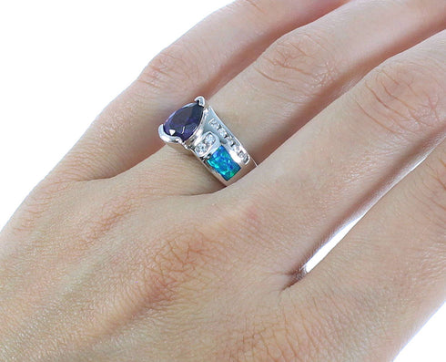 Silver Amethyst And Blue Opal Southwestern Ring Size 6 CX51504