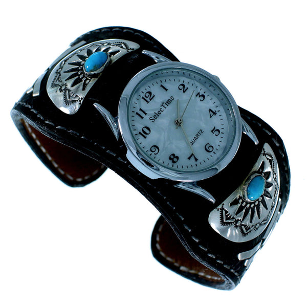 Navajo Turquoise Sterling Silver Leather Cuff Watch SX105586