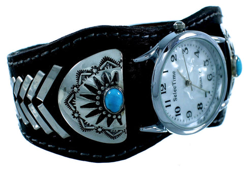 Navajo Turquoise Sterling Silver Leather Cuff Watch SX105586