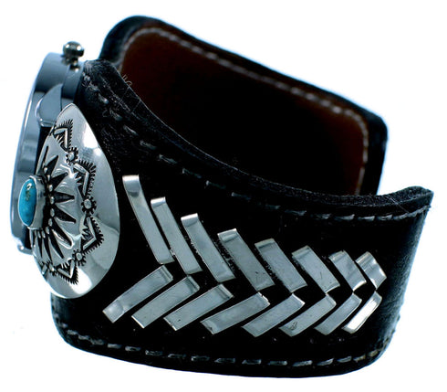 Navajo Turquoise Sterling Silver Leather Cuff Watch SX105586