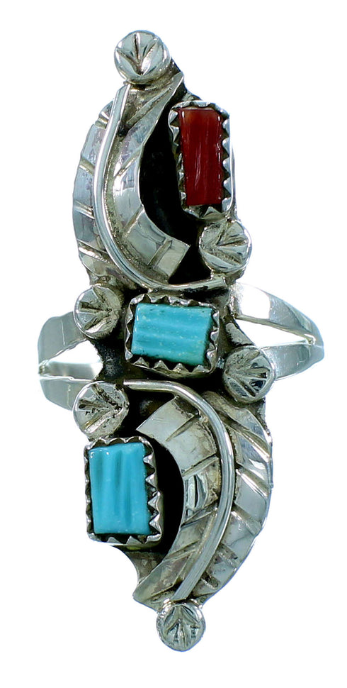 Authentic Sterling Silver Turquoise Coral American Indian Zuni Indian Leaf Ring Size 7-3/4 RX106542
