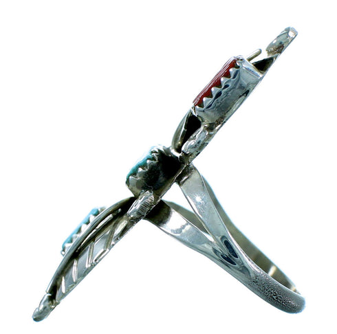 Authentic Sterling Silver Turquoise Coral American Indian Zuni Indian Leaf Ring Size 7-3/4 RX106542