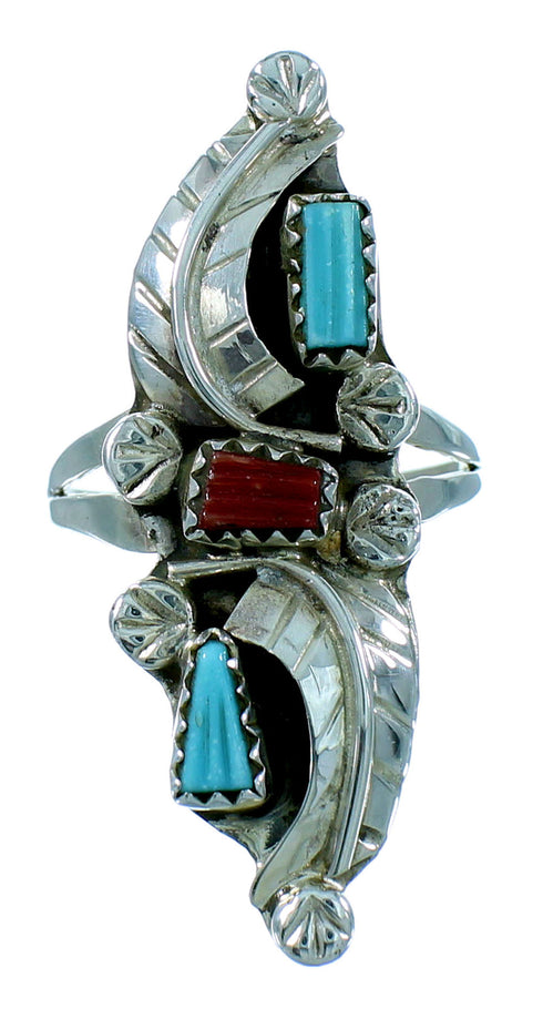 Sterling Silver Turquoise Coral Zuni Indian Leaf Ring Size 9 RX107505