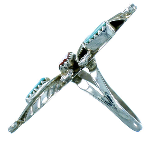 Sterling Silver Turquoise Coral Zuni Indian Leaf Ring Size 9 RX107505