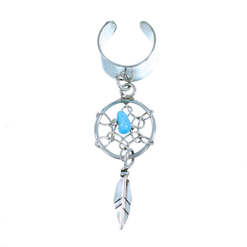 Navajo Dream Catcher Feather Genuine Sterling Silver Turquoise Ear Cuff SX106020