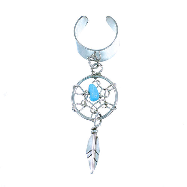Navajo Dream Catcher Feather Genuine Sterling Silver Turquoise Ear Cuff SX106020
