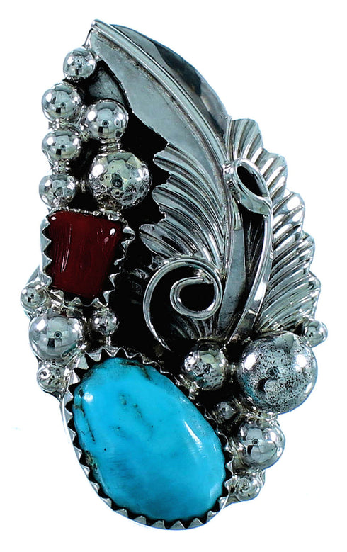 Navajo Turquoise And Coral Leaf Jewelry Sterling Silver Ring Size 6-1/2 SX106410