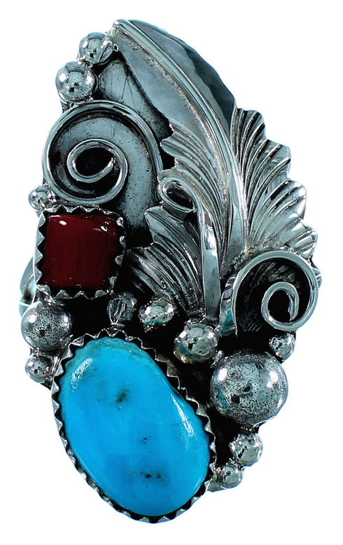 Navajo Indian Leaf Turquoise And Coral Genuine Sterling Silver Ring Size 8-3/4 SX106414