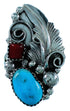 Navajo Indian Leaf Turquoise And Coral Genuine Sterling Silver Ring Size 8-3/4 SX106414