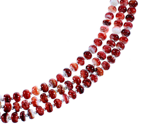 Genuine Sterling Silver 3-Strand Red Oyster Shell American Indian Bead Necklace RX106870