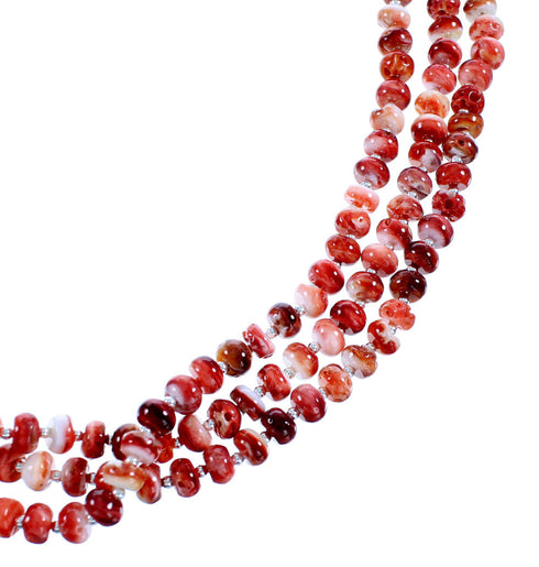 3-Strand Red Oyster Shell Navajo Sterling Silver Bead Necklace RX106871