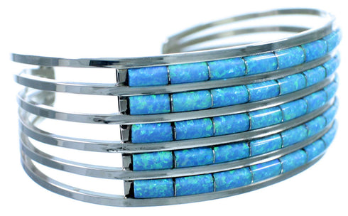 Genuine Sterling Silver Blue Opal Inlay Zuni Indian Cuff Bracelet JX124834