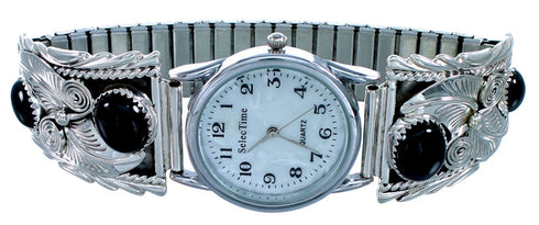 Onyx Sterling Silver Scalloped Leaf Navajo Watch SX107564