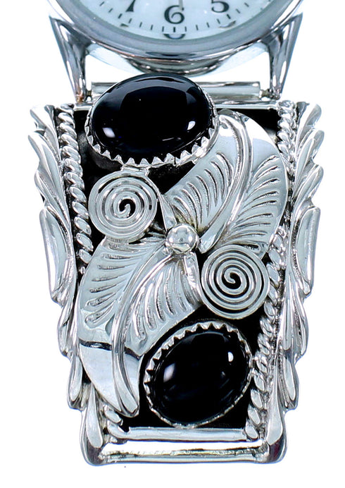 Onyx Sterling Silver Scalloped Leaf Navajo Watch SX107564