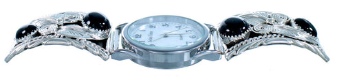 Onyx Sterling Silver Scalloped Leaf Navajo Watch SX107564
