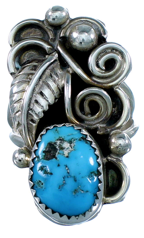 Sterling Silver Scalloped Leaf Turquoise Navajo Ring Size 8-1/2 SX107960